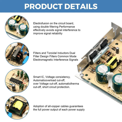 Beefy 5V 30A 150W DC Switching Power Supply For LED Driver With 110V 220V Input Selectable Voltage And Heavy Duty Durable Performance For LED Strips Signs And DIY Projects, aluminum circuit board close-up