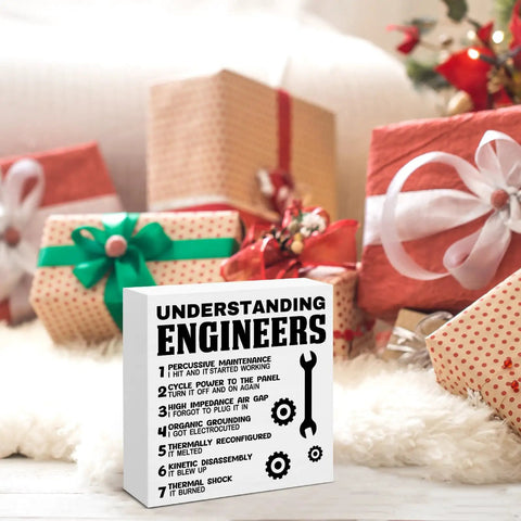Funny Engineering Desk Sign for Engineers, Developers, Mechanics, and Tech Nerds, Geeky Gift, 5x5 inch wooden plaque with gifts.