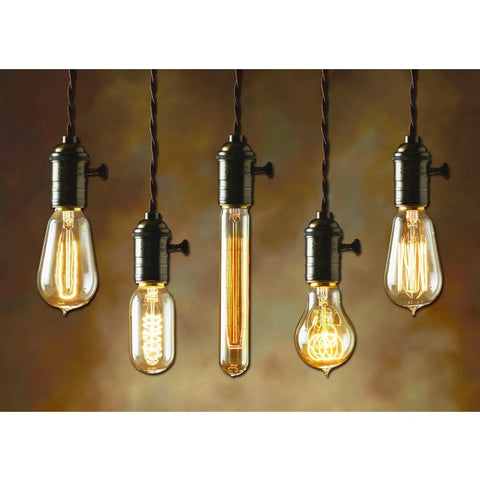 Retro Style Twisted Cloth Covered Wire 50Ft 18 Gauge 2 Conductor Vintage Fabric Lamp Cord Black For Pendant Lighting And DIY Projects Ultra Durable PVC Insulation with glowing vintage bulbs in a row.