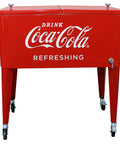 Coca Cola 80 Quart Rolling Cooler With Insulated Liner Holds Over 100 Cans With Ice Four Casters Two Locking Built In Bottle Opener And Cap Catcher Retro Metal Outdoor Patio Party Cooler front view