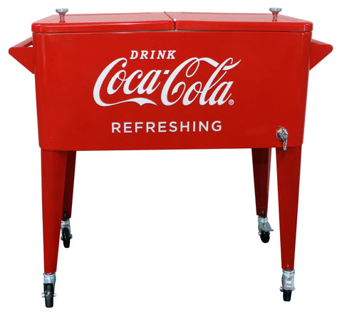 Coca Cola 80 Quart Rolling Cooler With Insulated Liner Holds Over 100 Cans With Ice Four Casters Two Locking Built In Bottle Opener And Cap Catcher Retro Metal Outdoor Patio Party Cooler front view