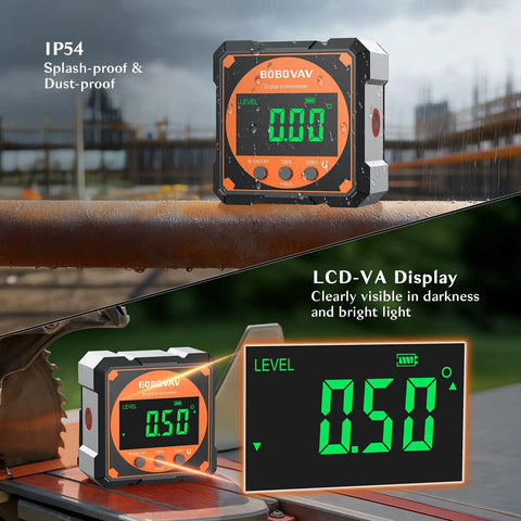 4-Side Magnetic Digital Angle Gauge With Laser Protractor Level, No-Brainer Inclinometer For Woodworking Tablesaw, Precision 0.05 To 0.2 Degrees, Relative And Absolute Modes, Rechargeable, 4x90 Degree Angles. IP54 digital inclinometer with green LCD display