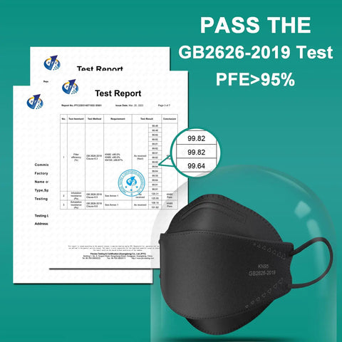 Black KN95 Face Masks For Adults 50 Pack Individually Wrapped 5 Ply with test reports showing 95% filtration efficiency.