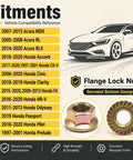 Fitments list for 50 Piece M10-1.25 Exhaust Flange Nuts Straight Up Top Shelf Locked Serrated Hardware for multiple Honda models.