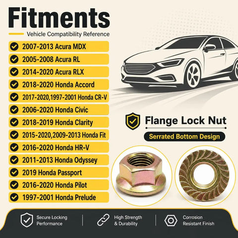 Fitments list for 50 Piece M10-1.25 Exhaust Flange Nuts Straight Up Top Shelf Locked Serrated Hardware for multiple Honda models.