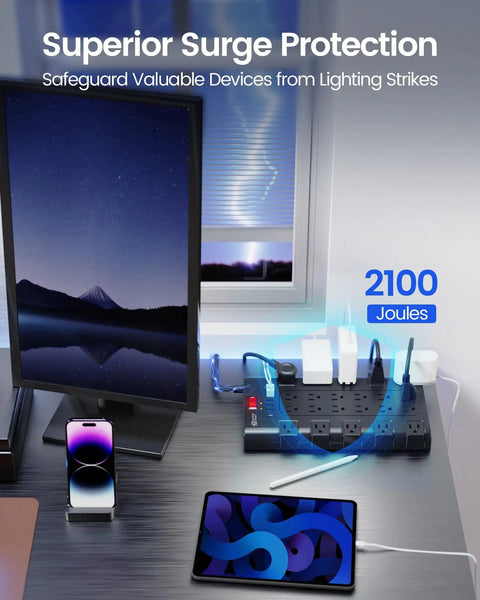 Beefed-Up 28-In-One Power Strip With 22 Outlets And 6 USB Ports, 1875W Surge Protector, 2100 Joules, shown with electronics on desk.