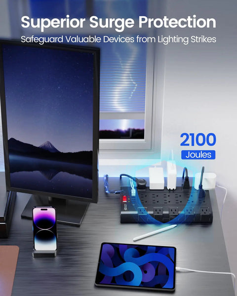 Eight Foot Power Strip Do It All Surge Protector With Twenty Two Outlets And Six USB Ports For All Your Gear, on desk setup