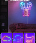 Living room with RGB IC Neon Rope Light 20Ft With App And Remote Control, Multi Mode Color Changing LED Rope Light deer design on wall