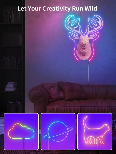 Living room with RGB IC Neon Rope Light 20Ft With App And Remote Control, Multi Mode Color Changing LED Rope Light deer design on wall
