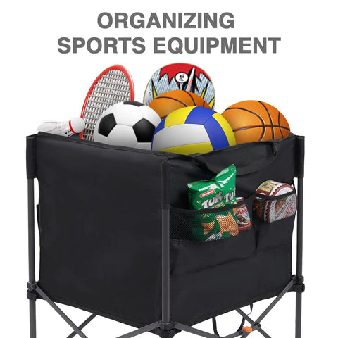 Rolling Ball Storage Cart With Lockable Wheels, Collapsible Multi-Sport Gear Organizer holding balls and rackets