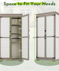 Outdoor Storage Cabinet With Adjustable Shelves For Tools And Gear, Tall White Wood And Plastic Shed With Weatherproof Roof