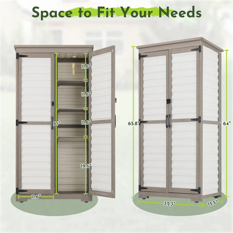 Outdoor Storage Cabinet With Adjustable Shelves For Tools And Gear, Tall White Wood And Plastic Shed With Weatherproof Roof