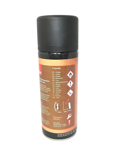 COPASLIP High Temperature Anti Seize Spray For Threads And Tight Tolerances can with safety icons and usage instructions visible