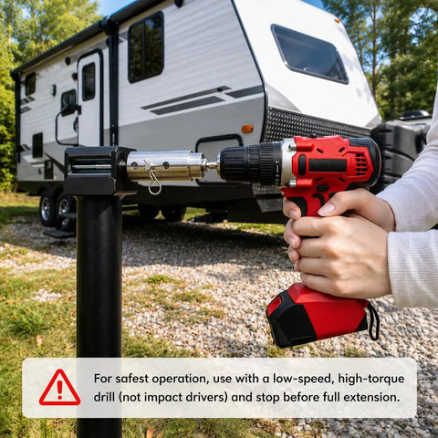Heavy Duty Trailer Jack Drill Adapter For One Inch Shaft Shanks Premium Stainless Steel Build attached to cordless drill.