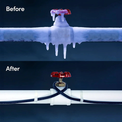 Before and after image of 80 Foot Plug In Pipe Heating Cable Kit For Freeze Protection With Built In Thermostat 560 Watt Heat Tape 