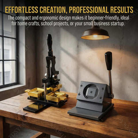 Fridge Magnet Maker Kit with 2 by 2 inch square DIY photo magnet press on a wooden table for easy custom refrigerator magnets.
