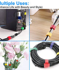 60 Pack 6 Inch Reusable Cable Ties With Hook And Loop on desk and cables, shows multiple uses for organization and management.