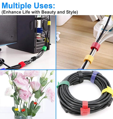 60 Pack 6 Inch Reusable Cable Ties With Hook And Loop on desk and cables, shows multiple uses for organization and management.