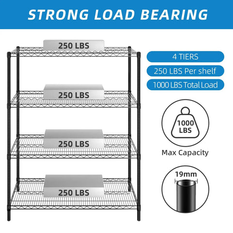 Heavy Duty Wire Shelving Unit With Four Adjustable Shelves Built Like A Tank For Garage Storage Black Coated Metal Rack Straight Setup And Seriously Solid Construction