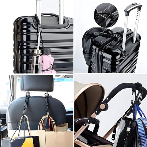 2 Pack Black Paracord Keychain Carabiner Clips With Heavy Duty Chain Hooks attached to luggage, car headrest, and stroller