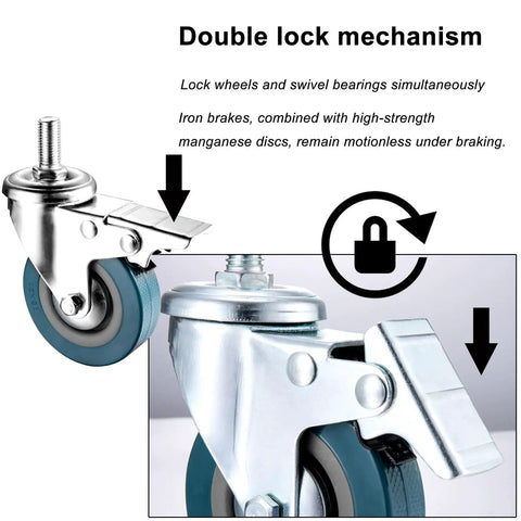 Rock Solid Swivel Casters With Secure Locking Brake Smooth As Butter Furniture Wheels Featuring M12 Threaded Stem And 75mm Diameter For Shelving Cabinets And Workbenches That Glide Effortlessly Daily
