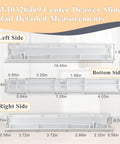Heavy Duty Center Drawer Slide Rail For Refrigerator Crisper Bin detailed measurements on left, right, and bottom sides.