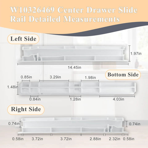 Heavy Duty Center Drawer Slide Rail For Refrigerator Crisper Bin detailed measurements on left, right, and bottom sides.