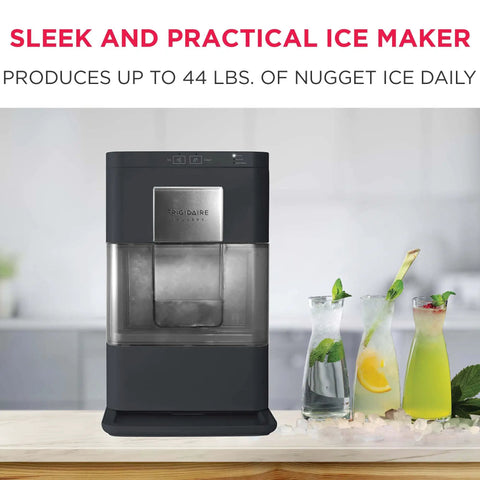 Compact Countertop Nugget Ice Maker Making 44 Pounds Daily In Just Ten Minutes Featuring Smart Touch Controls And Auto Self Cleaning Tech on kitchen counter.