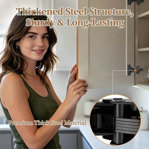 Zero Drama Soft Close Concealed Cabinet Hinges Full Overlay European Adjustable Frameless Door Mounts With Silent Hydraulic Damper Self Closing Kitchen Cupboard Hardware 10 Pack shown on a cupboard door with thickened steel structure.