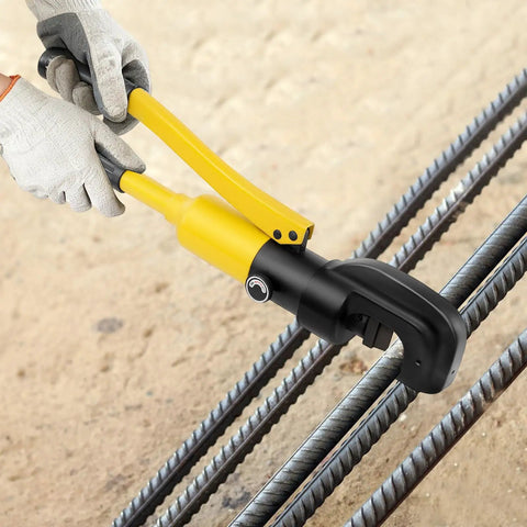 Heavy Duty 22mm Hydraulic Rebar Cutter With Sturdy Steel Toolbox For Construction Sites cutting rebar with a handheld tool.