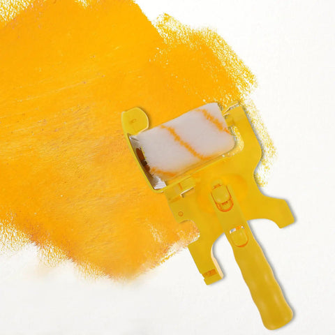 Yellow Corner Paint Roller Brush For Drywall And Door Frames Interior Walls Smooth No Sweat Finishing With Sturdy Grip Handle on yellow paint.