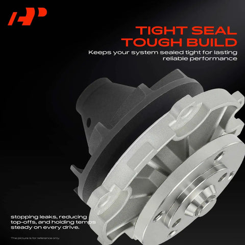 No Sweat Direct Swap Water Pump Compatible With Chevy Malibu Lumina Buick Regal Pontiac Grand Prix Cadillac Engine Cooling Replacement For 2.2L Through 5.0L V6 And V8 Engines close-up view highlighting tight seal and durable aluminum construction.