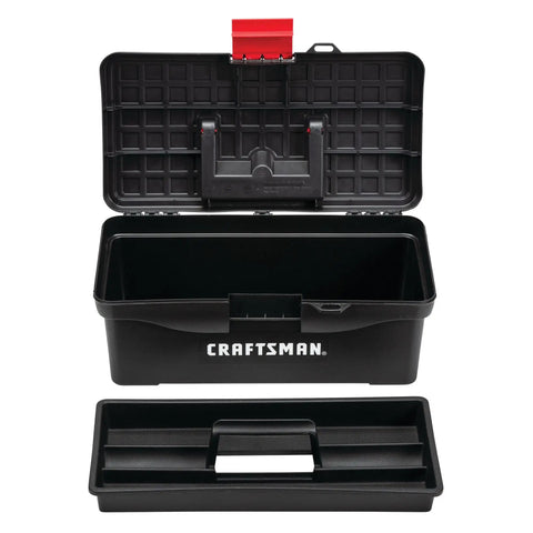 Lockable 13 Inch Tool Box With Front Metal Latch And Pad Lock Eye Ergonomic Comfort Grip Handle Portable Tray Black Open View