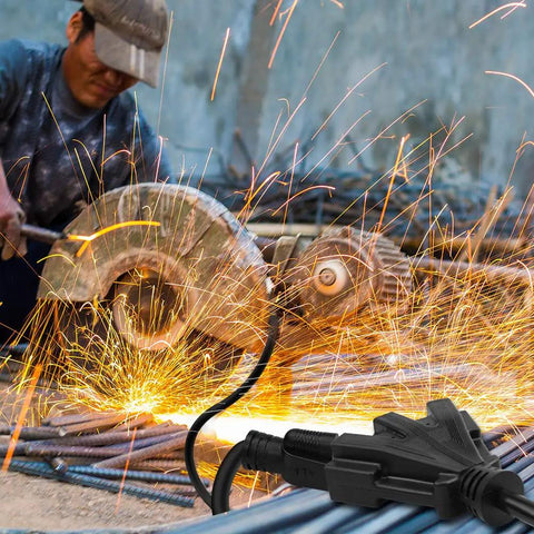 Worker using power saw with Three-Foot 12-Gauge Outdoor Extension Cord With Three Outlets Heavy Duty SJTW Grounded Power Cable