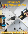Heavy Base Circuit Board Holder With Two Handy Helping Hands And 360 Degree Rotation For Soldering And Electronics Repair in use on metal surface