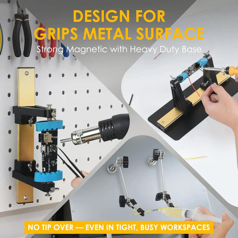 Heavy Base Circuit Board Holder With Two Handy Helping Hands And 360 Degree Rotation For Soldering And Electronics Repair in use on metal surface