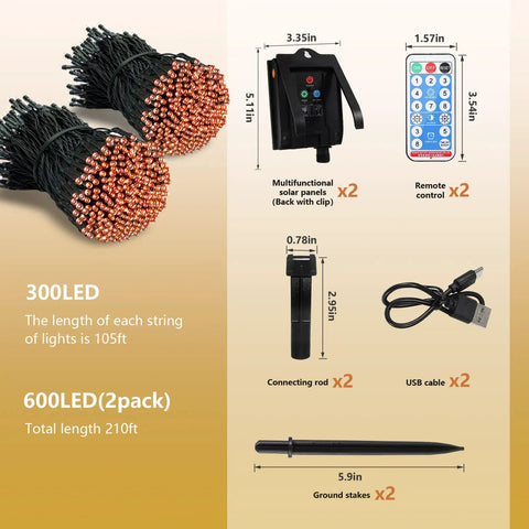 Two Pack Solar Christmas String Lights With Remote and Timer, 105Ft long, 300 LEDs each, USB and solar charging components shown