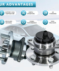 Rear Wheel Hub Bearing Assembly Drop In Ready 2 Pack Compatible With Toyota Corolla 2009 2019 Matrix 2009 2014 Pontiac Vibe 2009 2010 With ABS 5 Lug Durable OEM Style Replacement for Smooth Quiet Ride displayed with car background and features list