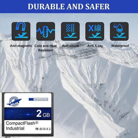 Durable features of Built Different Rock Solid Compact Flash Memory Card 2GB Type I SLC NAND for vintage cameras and heavy equipment.