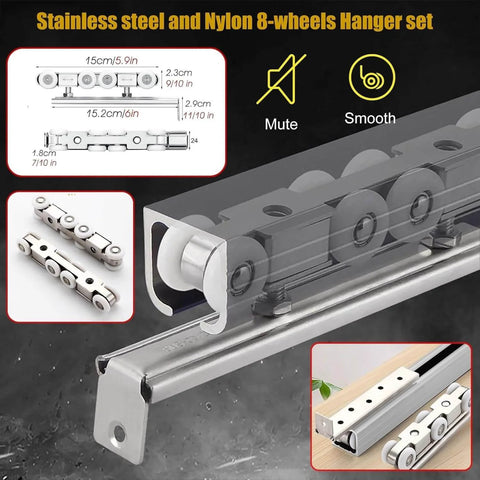 Beefed Up Long Box Rail Sliding Door Hardware Kit With Heavy Duty Aluminum Track For Wall Or Ceiling Mount, 8 Wheel Hanger System