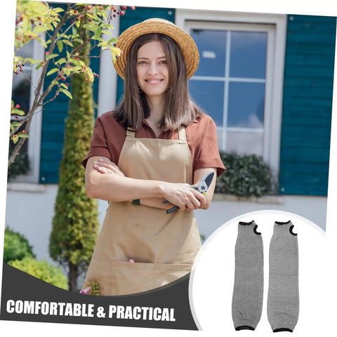 Woman in garden wearing Badass Cut Resistant Arm Sleeves For Men And Women Slash Proof Forearm Guards Heavy Duty Welding Gardening Mechanic Work Gear Nitty Gritty Safety Protection.