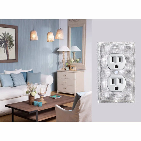 Living room with shiny silver rhinestone outlet cover on 1-gang wall plate; 4 Pack Shiny Silver Rhinestone Outlet Covers 1 Gang Wall Plate Toggle Light Switch Covers Decorative Durable Switch Plates for Home Office and Commercial Spaces Easy Replacement Fits Any Similar Size Wall Plate visible on right.