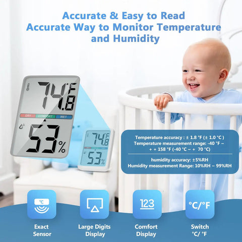 Digital Thermometer Hygrometer With Large LCD Indoor Temperature And Humidity Monitor Wall Mounted Climate Gauge For Home Office Or Greenhouse Ultra Accurate Readouts And Easy Color Coded Comfort Indicators. Large LCD showing 74°F and 53% RH