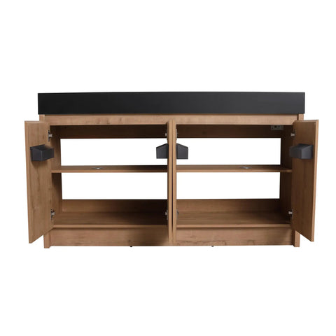 60 Inch Matte Black Resin Countertop Bathroom Sink Featuring Thick Edged Modern Design That Goes Hard For Sleek Vanity Upgrade And Total Room Glow Up on wooden vanity cabinet with open shelves.