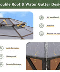 12x10 Foot Hardtop Gazebo With Aluminum Frame Go To Outdoor Pavilion Curtains And Netting Double Polycarbonate Roof For UV Protection Air Flow Garden Lawn Patio Brown double roof design with drainage features.