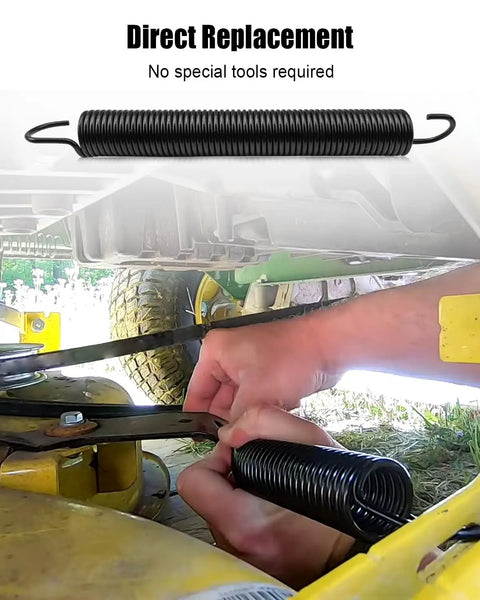 Blade Tension Spring For John Deere Lawn Tractors And Ztrak Decks installation, showing rust resistant spring in use