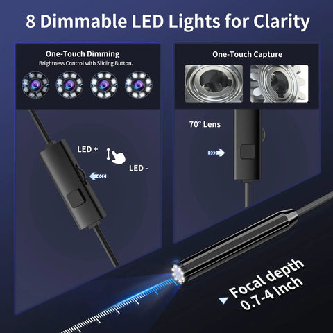 Endoscope Camera With Light 1920P HD Borescope for Tight Spaces showing dimmable 8 LED light feature and focal depth
