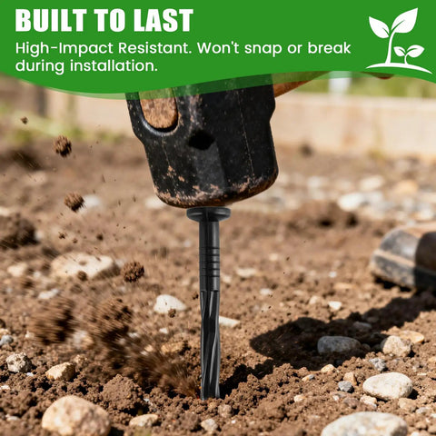 Installation of Heavy Duty 8 Inch Plastic Landscape Edging Spikes, 220 Pack, Rust Free Nylon Stakes in soil with a hammer