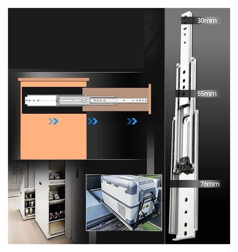 Dead Easy Setup 2 Pack 76Mm Full Extension Drawer Slides With Ball Bearing Guide Rails showcasing 76mm slides in cabinet and drawer setup.