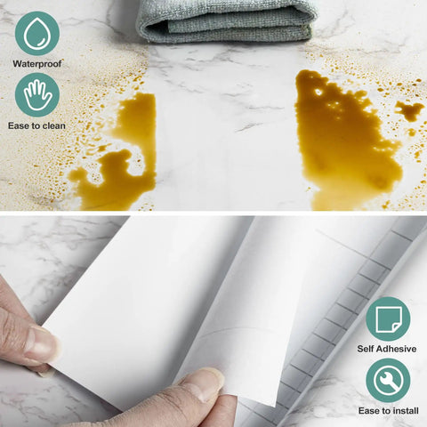 Close-up of Marble Contact Paper For Countertops Peel And Stick Self Adhesive Waterproof White Grey Faux Marble Wallpaper showcasing ease of install.
